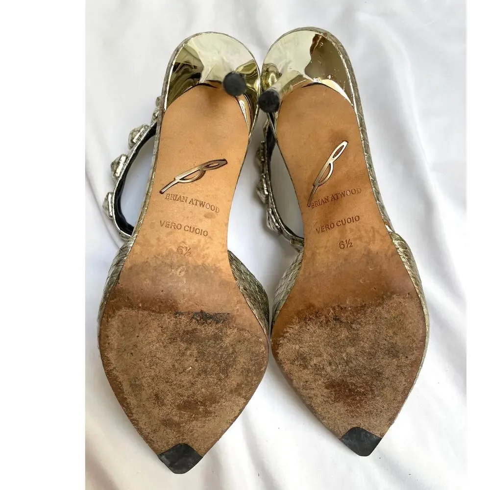 Brian Atwood Mercada Metallic Silver Leather Snake Stud Ankle Strap Heels, 6.5
